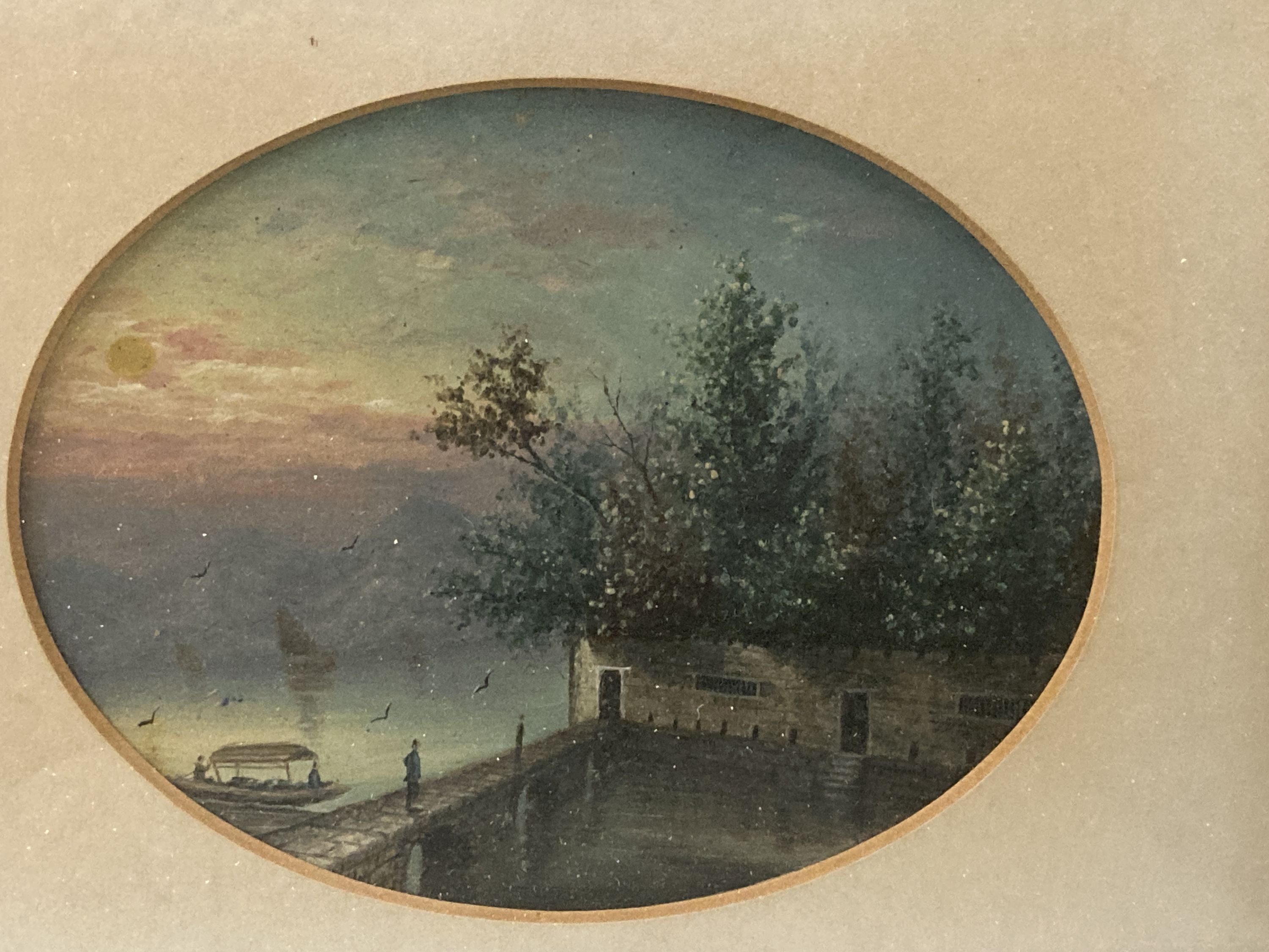 Late 19th century Chinese School, two pairs of gouaches, Waterside forts, Junk at sea, and garden scene, 12 x 16.5cm & 12 x 15cm